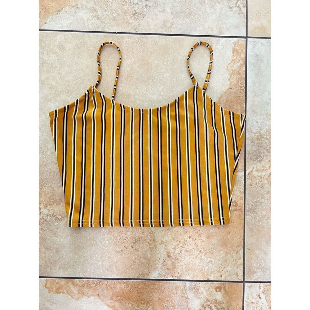 Lemite Korean Fashion Boho Mustard Yellow Striped Crop Tank Top S